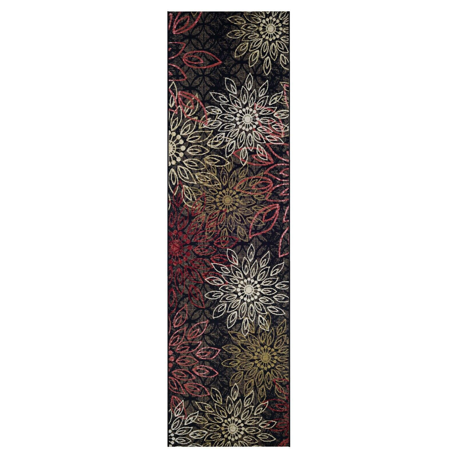 Dolce Floral Black and Multicolor Viscose 2x7 Runner Rug