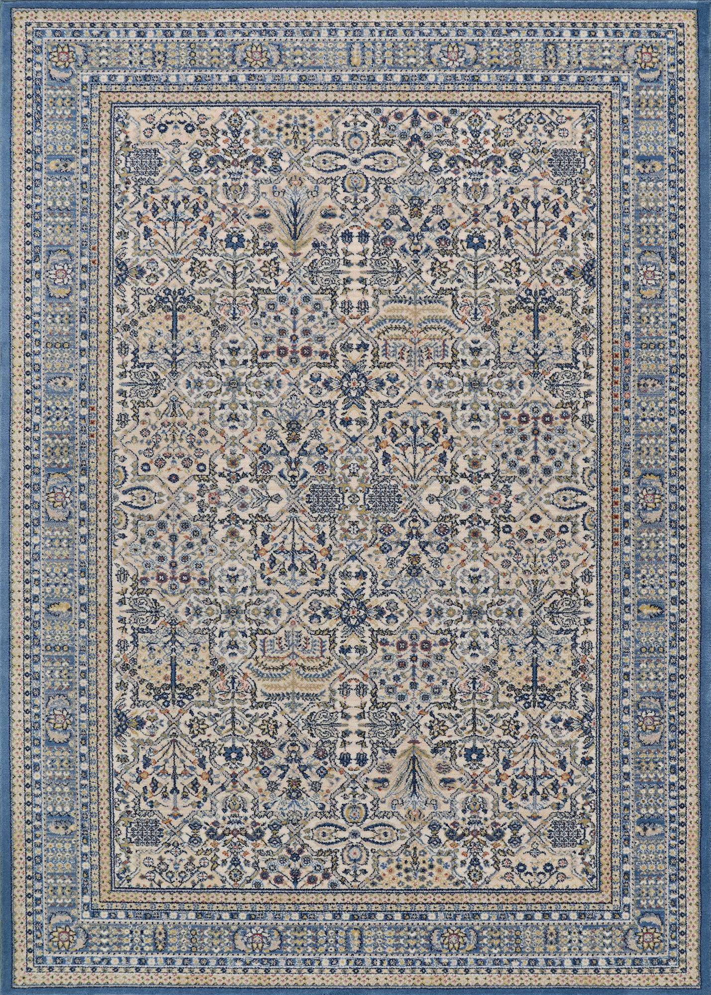 Antique Cream and Blue Wool Area Rug, 5'3" x 7'6"