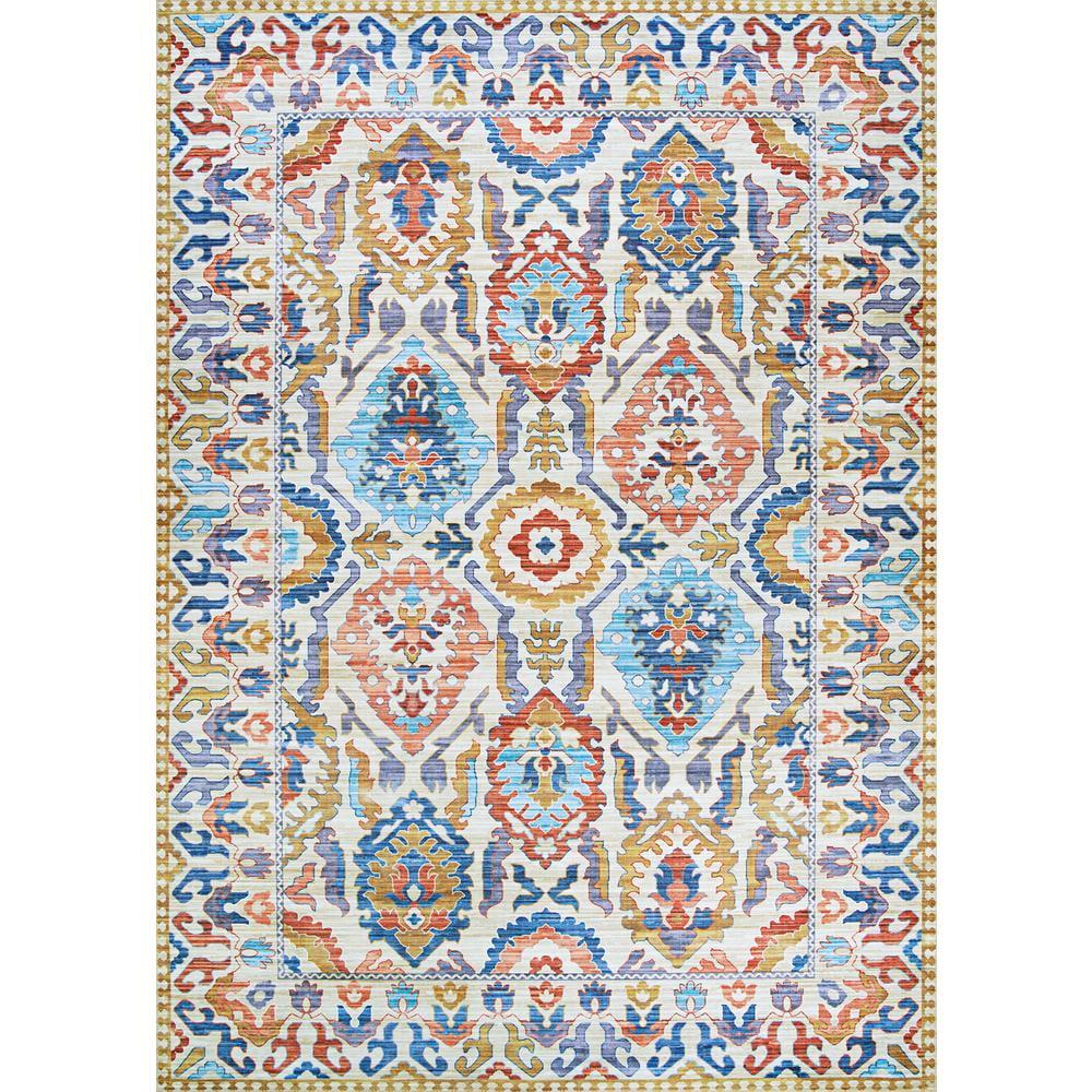 Ivory and Multicolor Synthetic Tribal Runner Rug, 2' x 8'