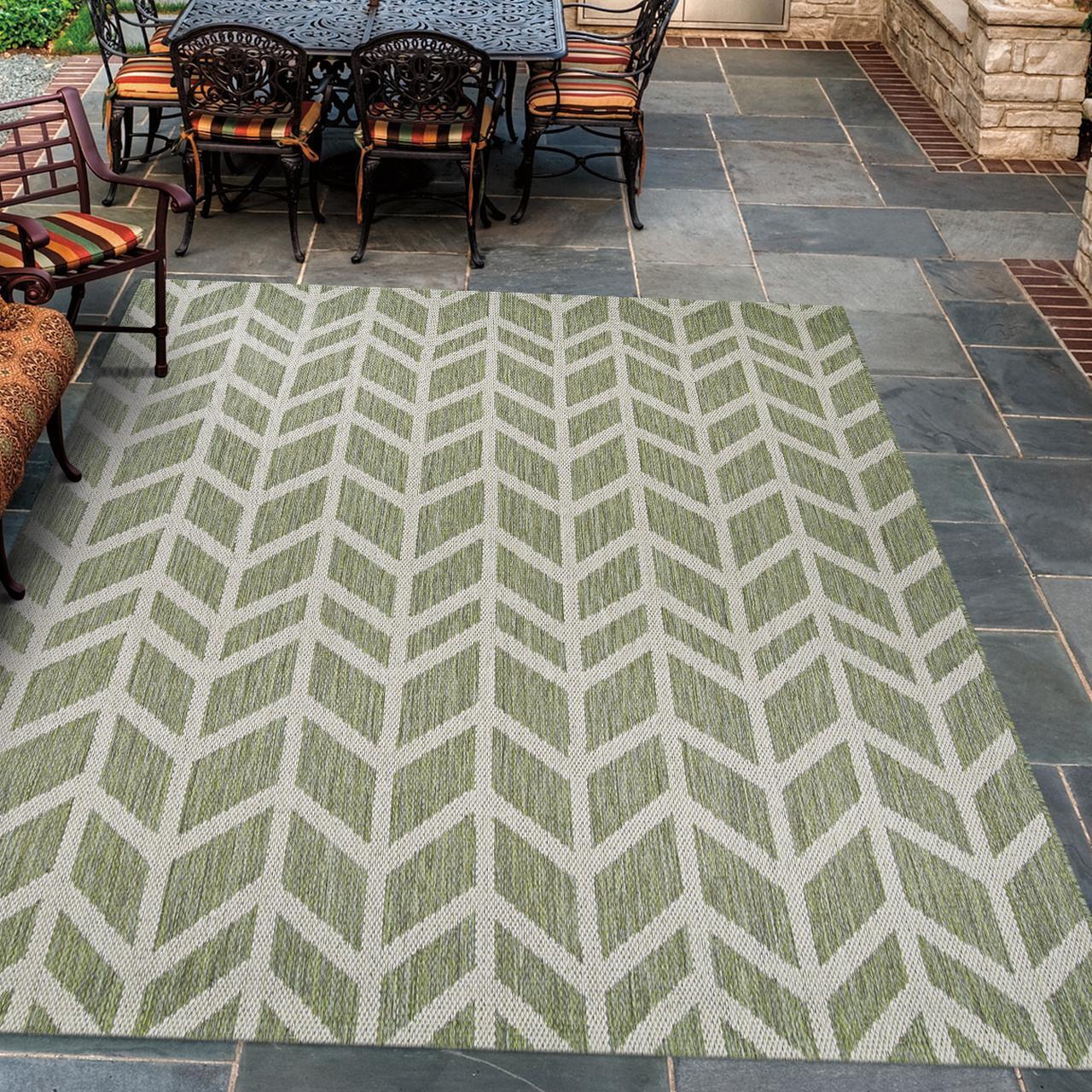 Matthes Chevron Sage Green Champagne Indoor Outdoor Area Rug