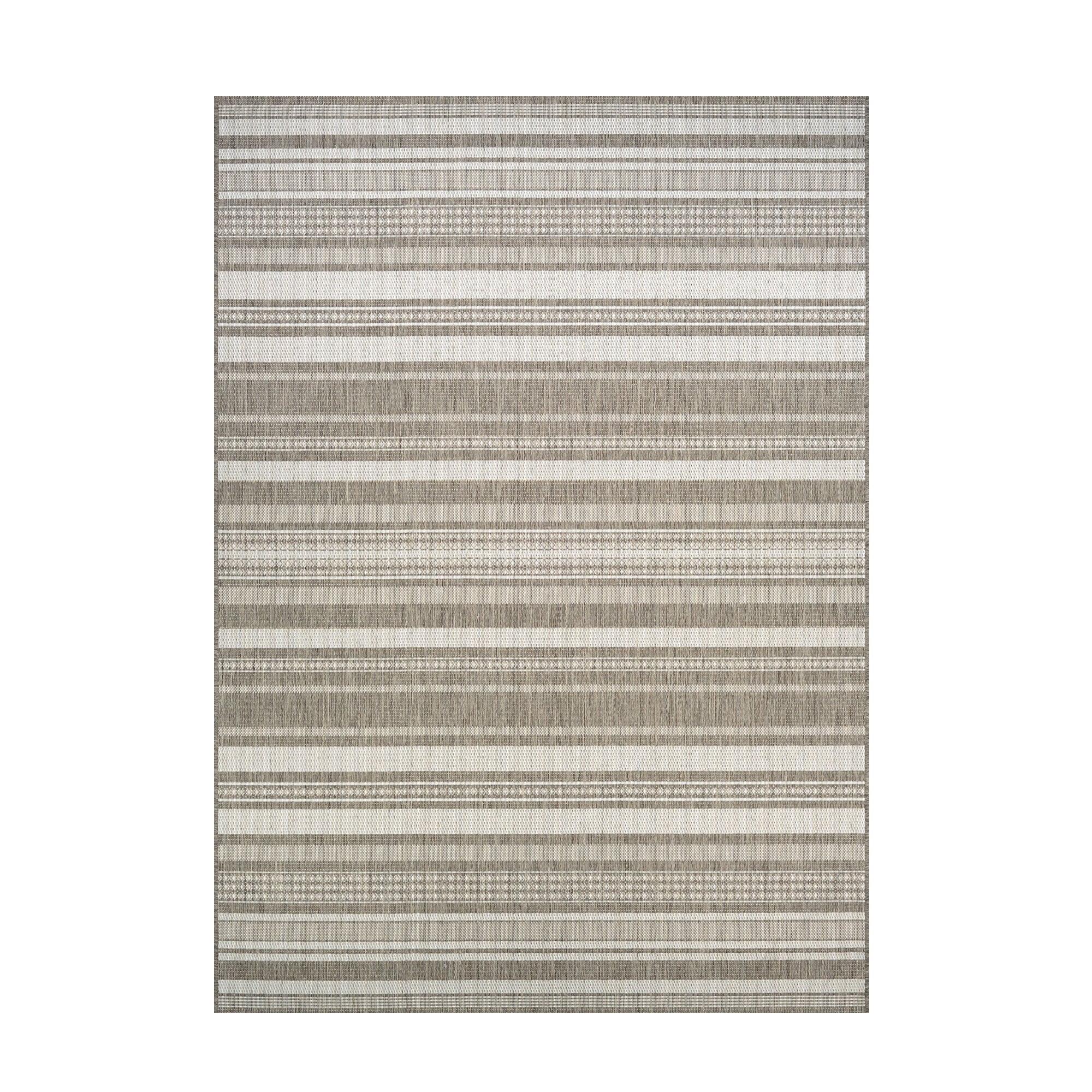 Champagne Taupe Striped Low Pile Indoor Outdoor Rug