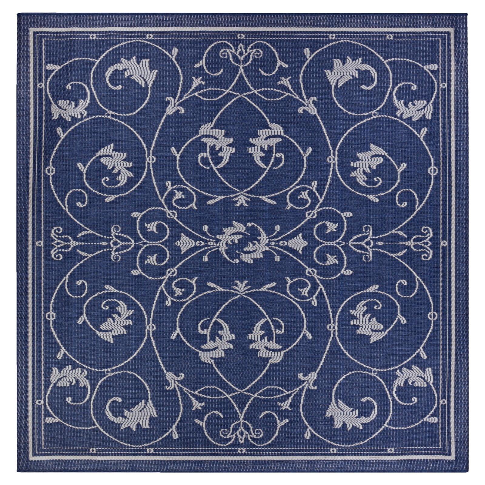 Elegant Ivory-Indigo Flatweave Synthetic Outdoor Rug, 3'9" x 5'5"