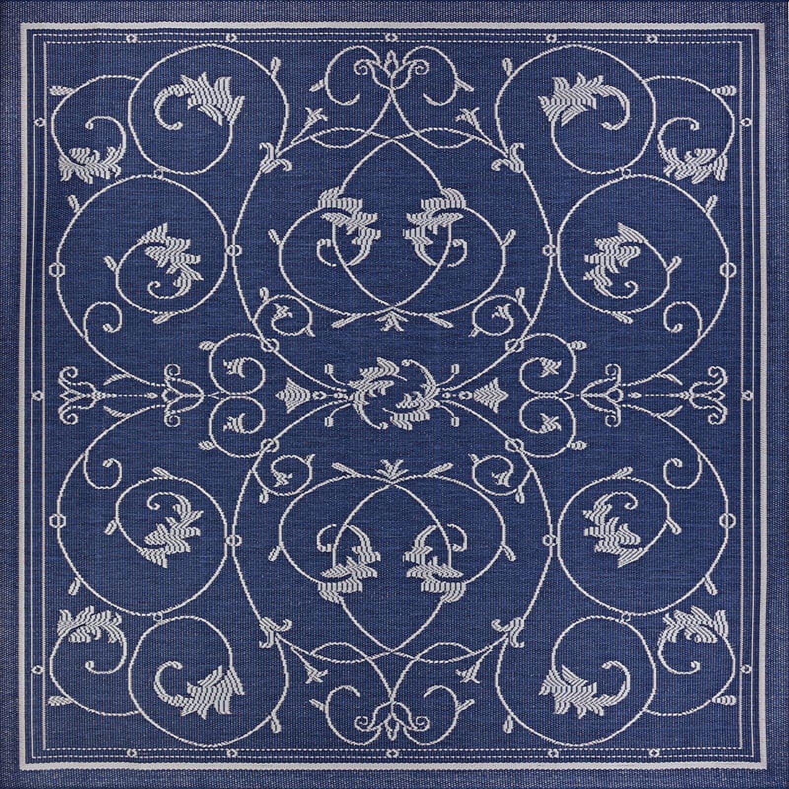 Ivory-Indigo Minimalist Square Indoor-Outdoor Synthetic Area Rug