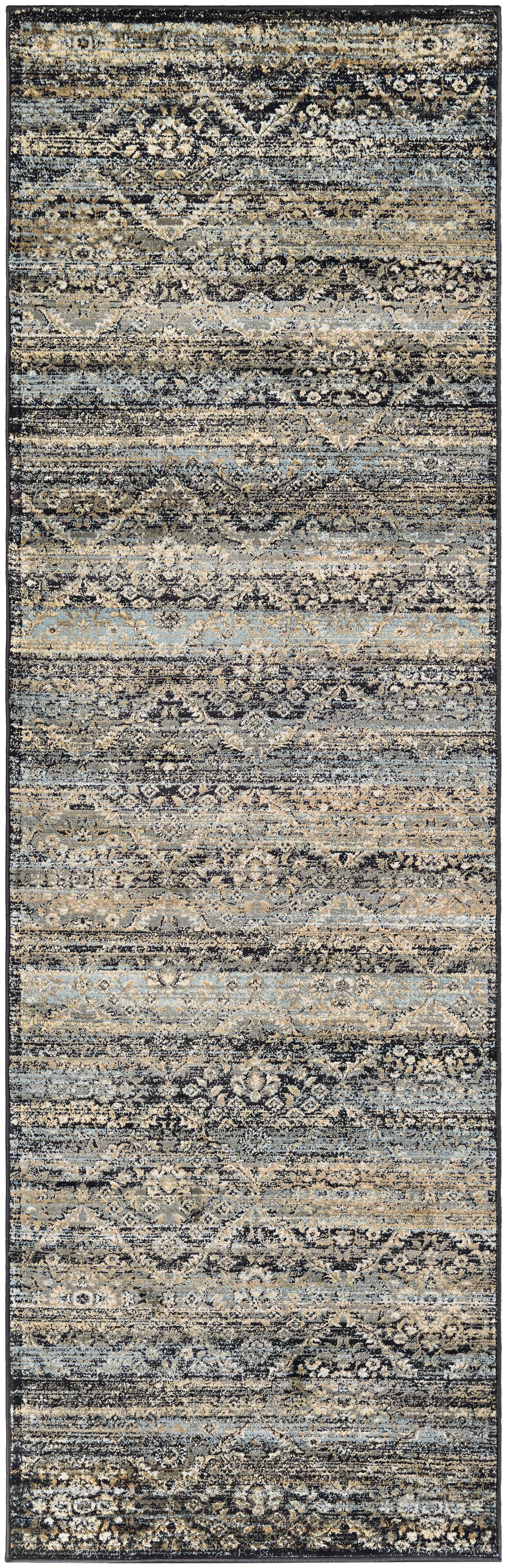 Zahara Black and Light Blue Traditional Runner Rug