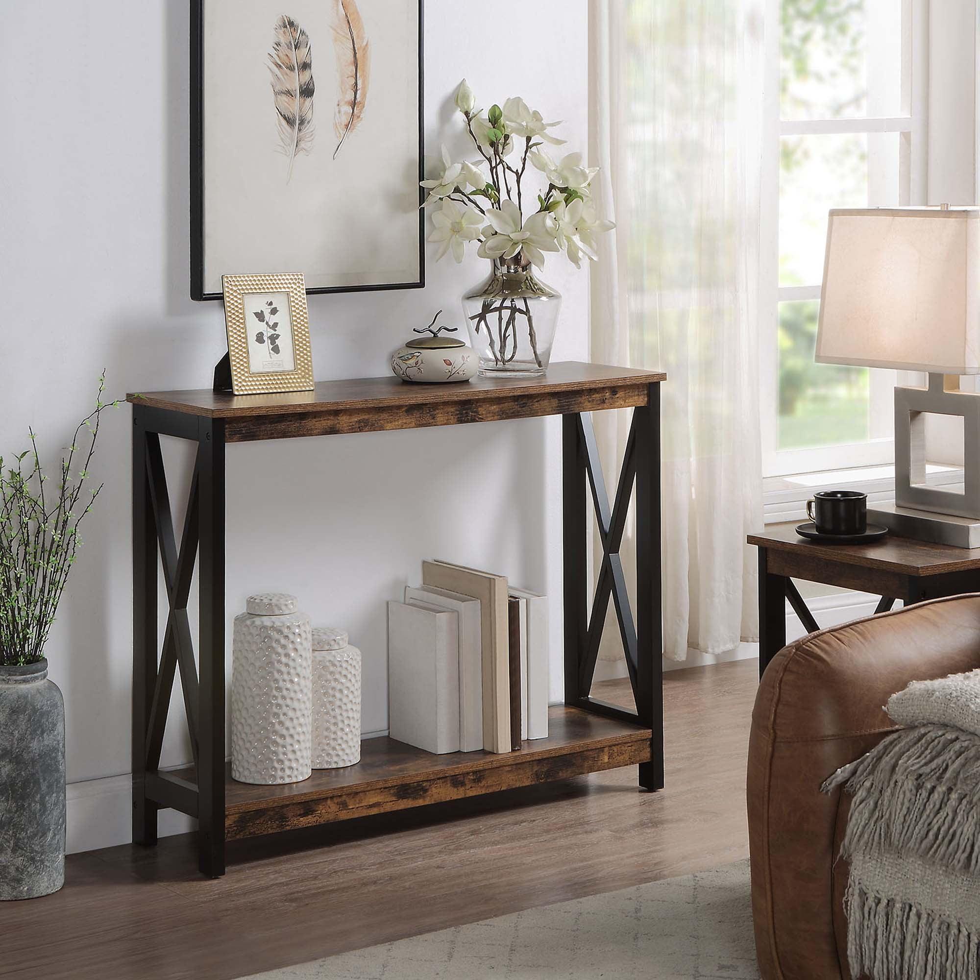 Oxford Barnwood & Black Metal Console Table with Open Shelving