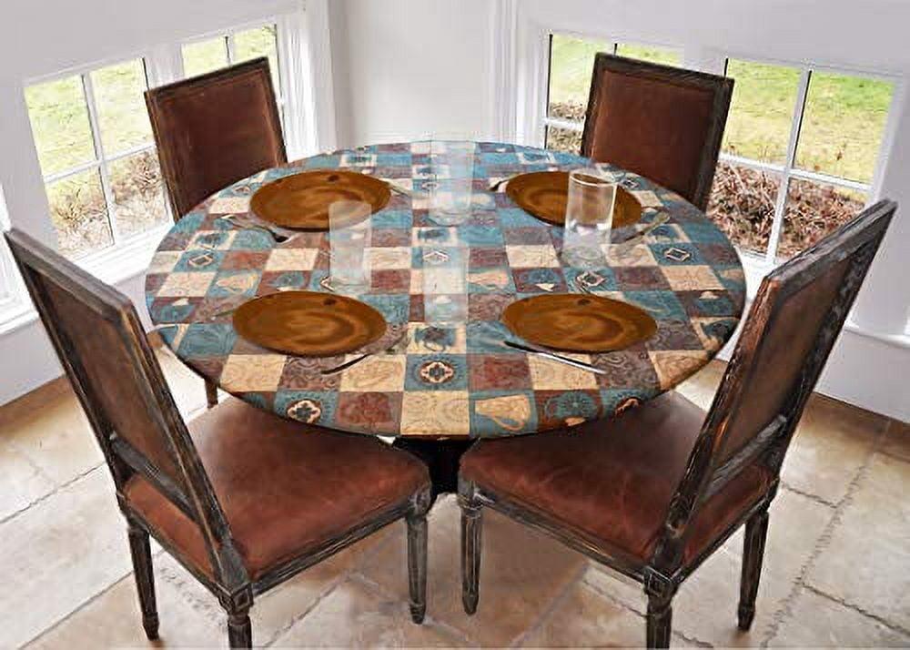 Covers For The Home Deluxe Elastic Edged Flannel Backed Vinyl Fitted Table Cover - Global Coffee Pattern - Small Round - Fits Tables up to 40" - 44" Diameter (ETCOF48)