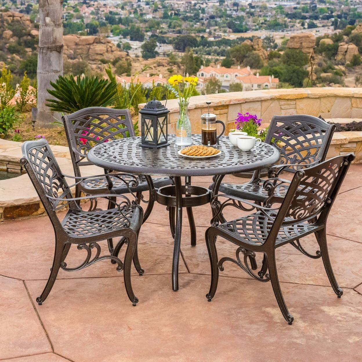Hallandale Sarasota 5pc Cast Aluminum Patio Dining Set - Bronze - Christopher Knight Home: Weather-Resistant, 4 Arm Chairs, No Cushions