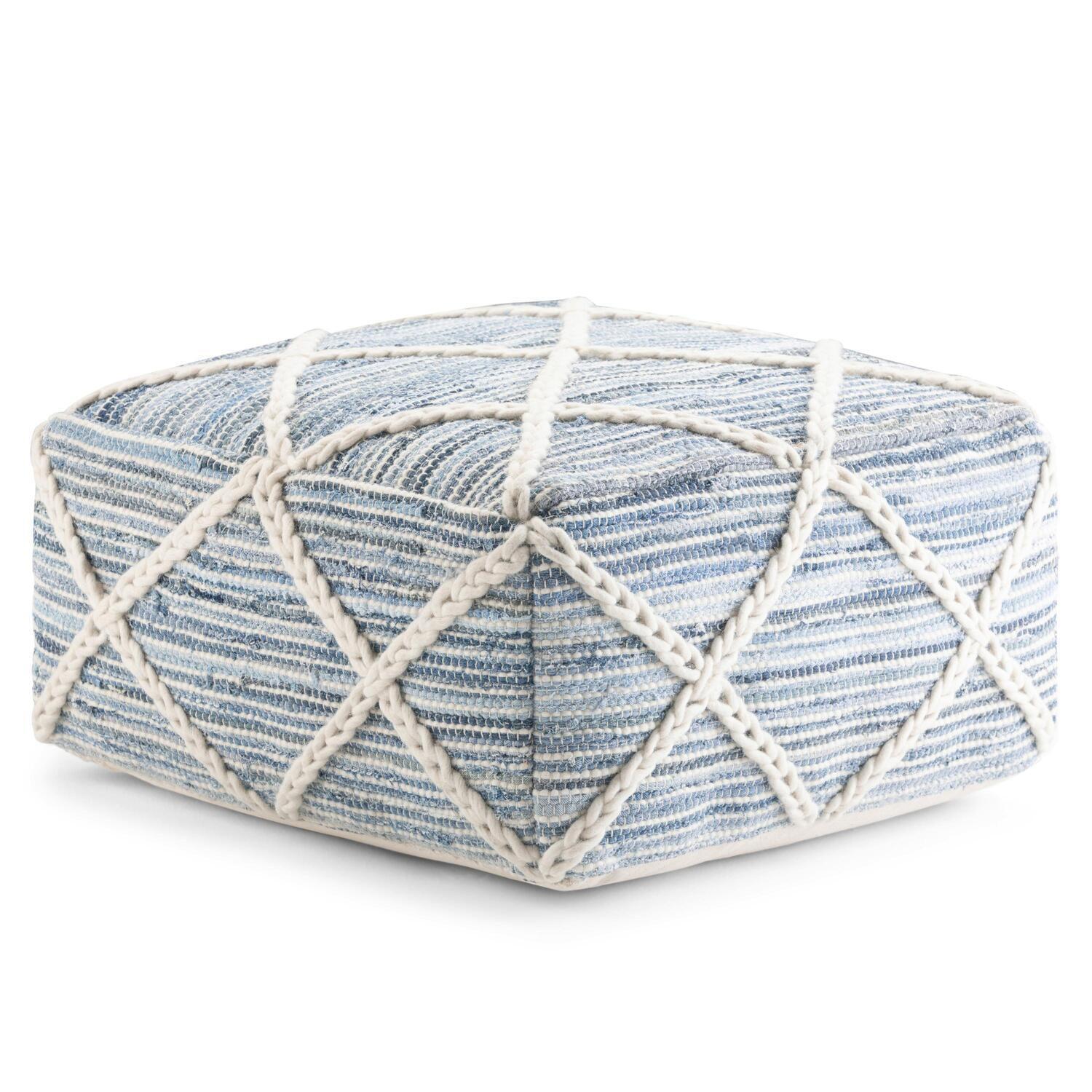 Cowan Boho Handwoven Square Pouf in Blue and Natural