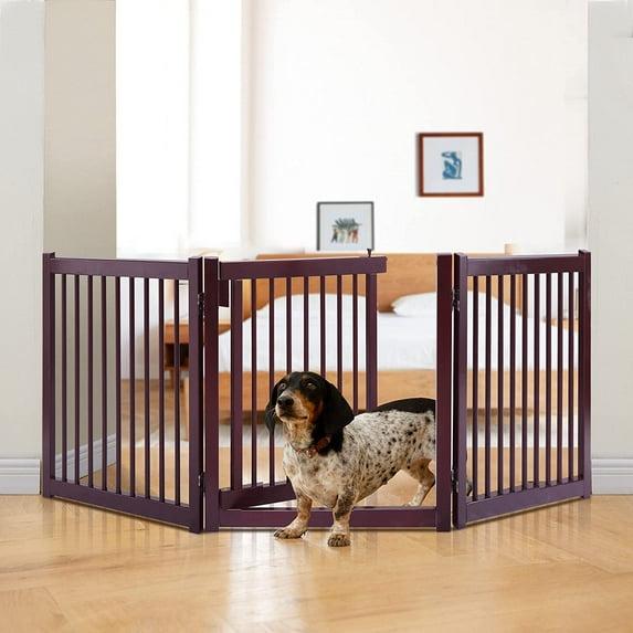 Demi Bonn 24"H 3 Panel Freestanding Pet Gate Wood Folding Dog Fence for Doorways, Stairs Step Over Divider for Dogs and Puppies, Brown