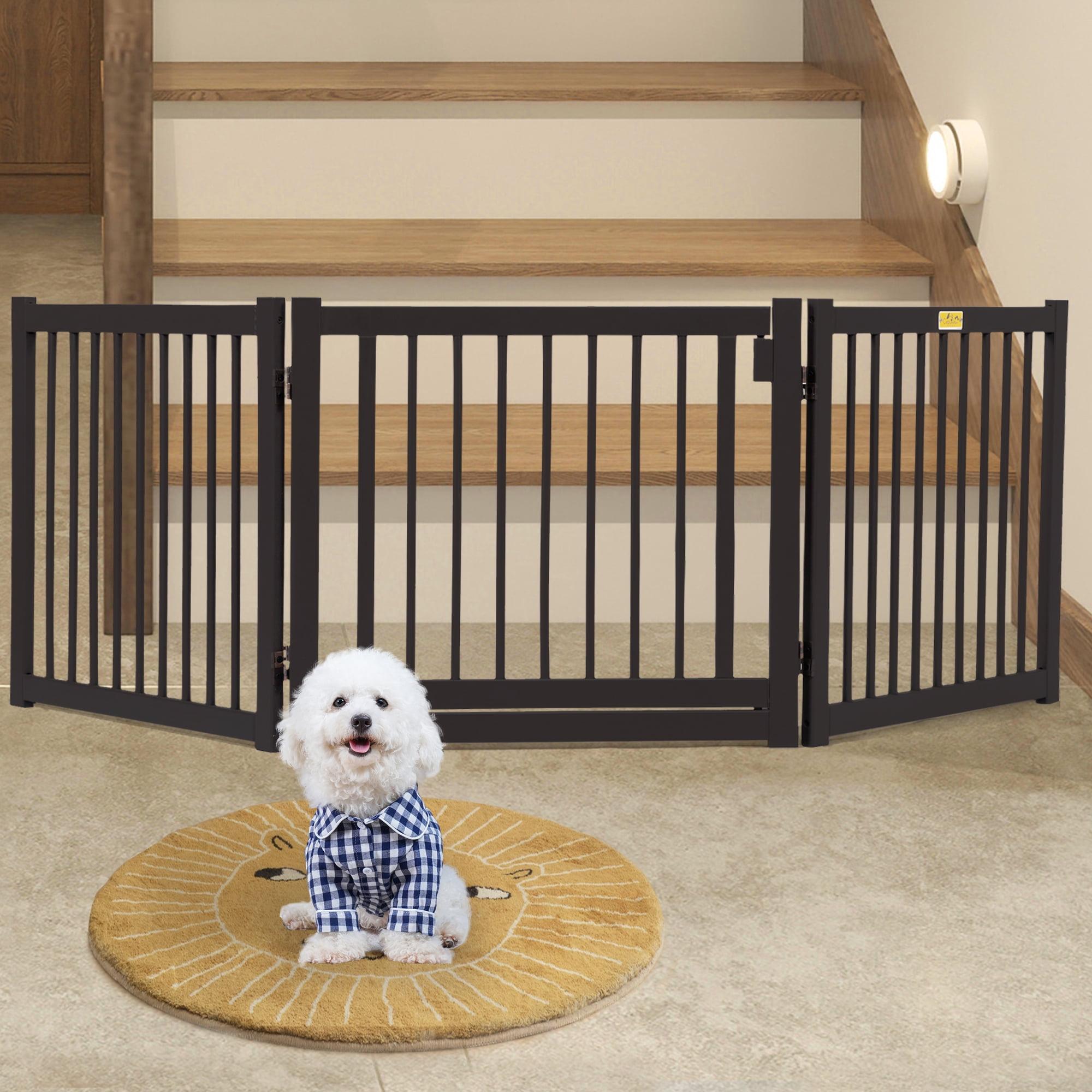Demi Bonn 24"H 3 Panel Freestanding Pet Gate Wood Folding Dog Fence for Doorways, Stairs Step Over Divider for Dogs and Puppies, Brown