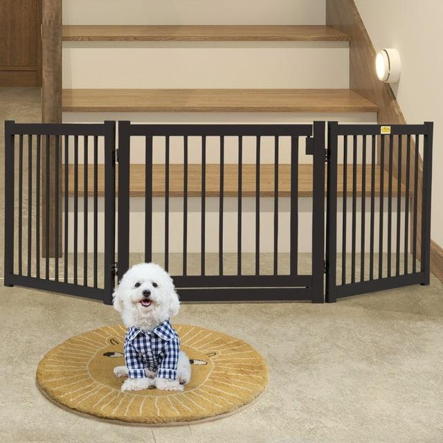 Demi Bonn 24"H 3 Panel Freestanding Pet Gate Wood Folding Dog Fence for Doorways, Stairs Step Over Divider for Dogs and Puppies, Brown
