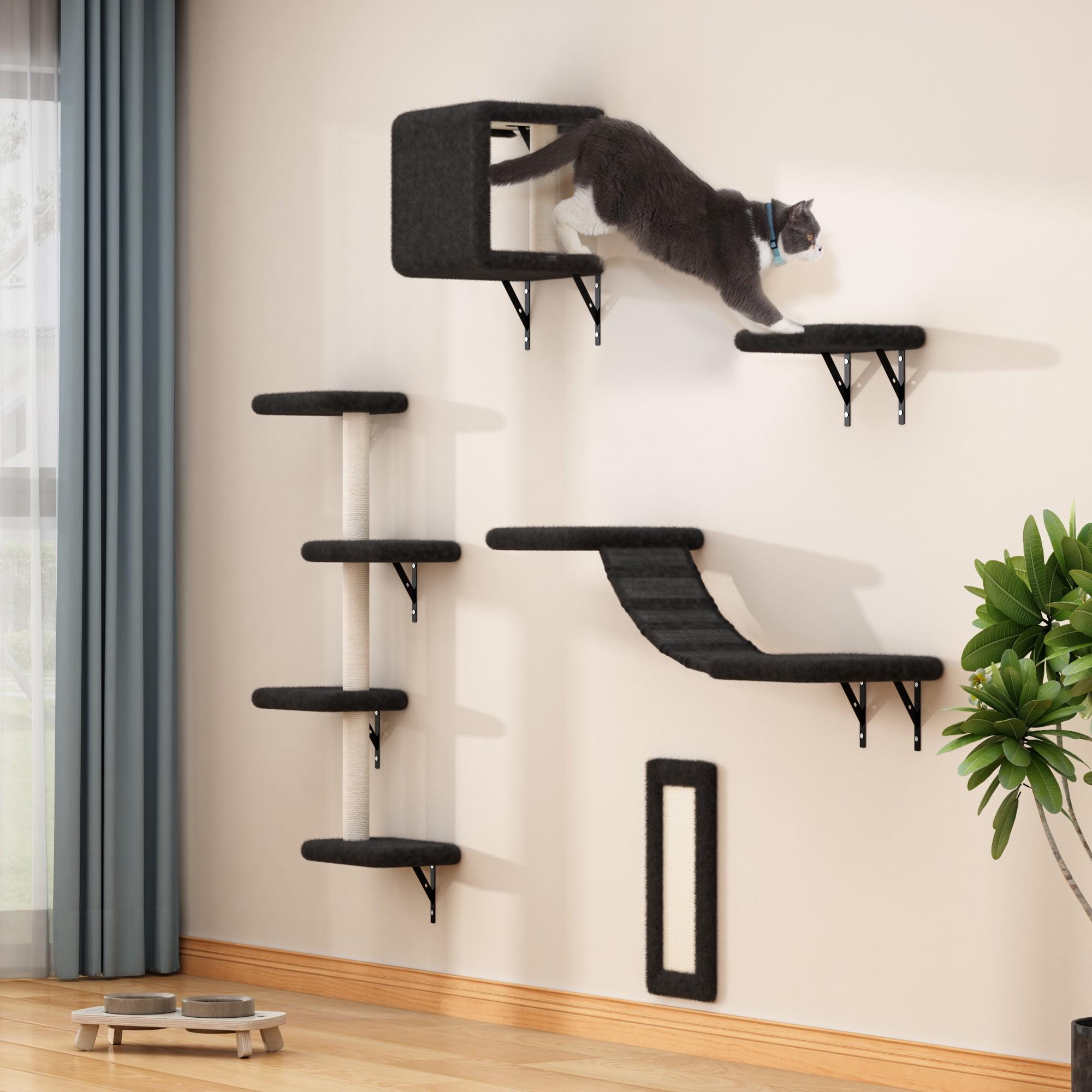 Black Wall-Mounted Cat Tree Set with Sisal Scratching Post