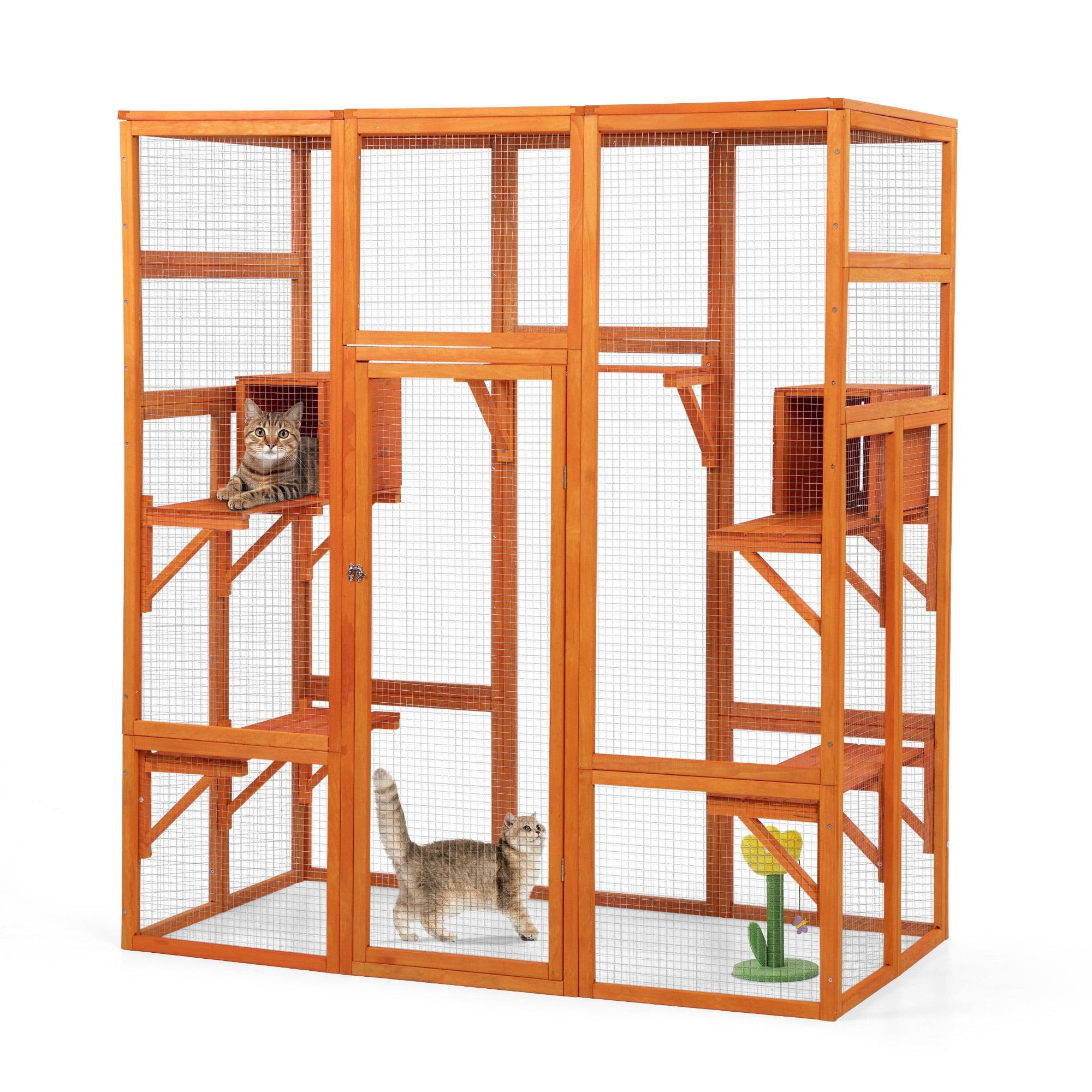 Large Orange Wooden Outdoor Cat Enclosure with Platforms