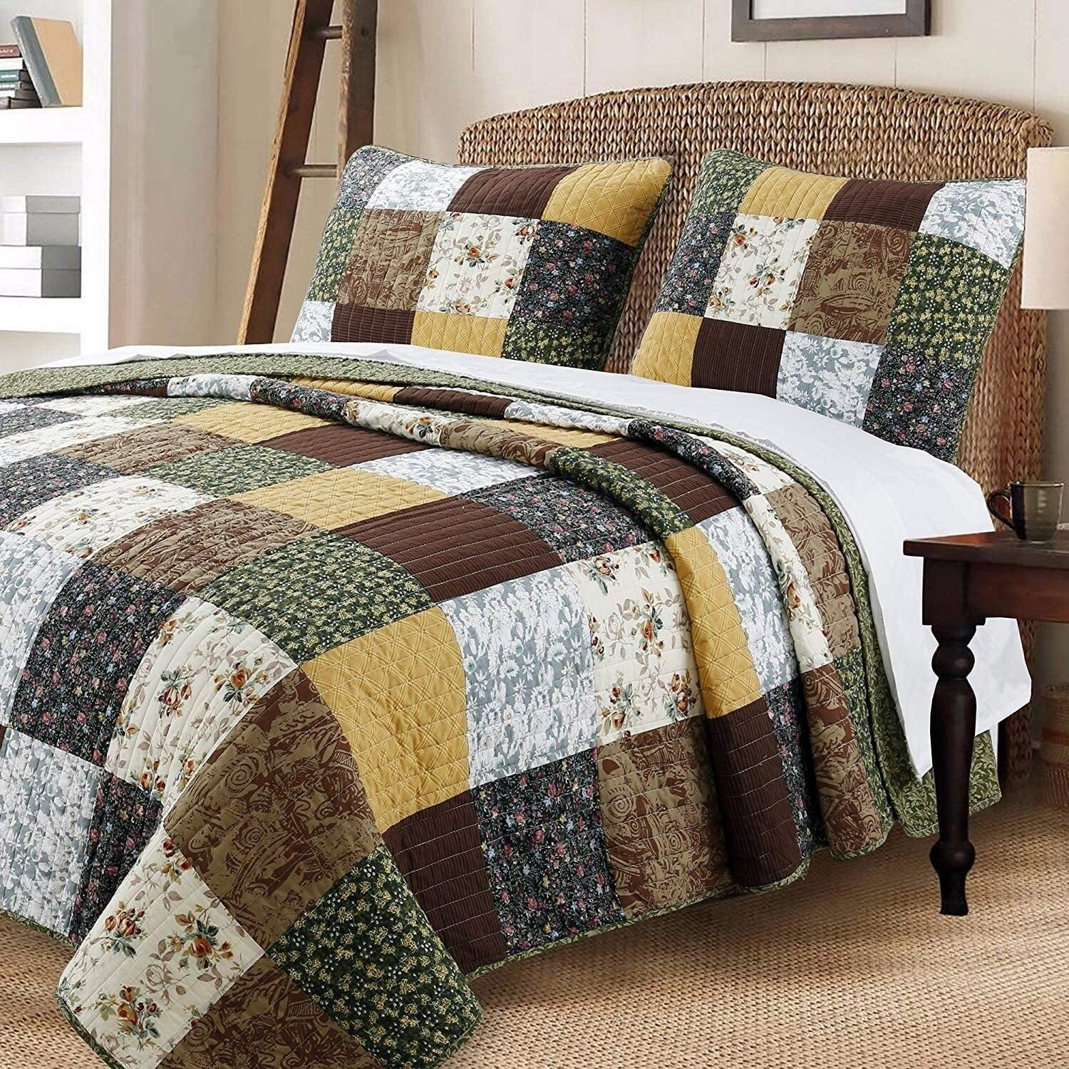 Queen Brown Cotton Reversible Patchwork Quilt Set