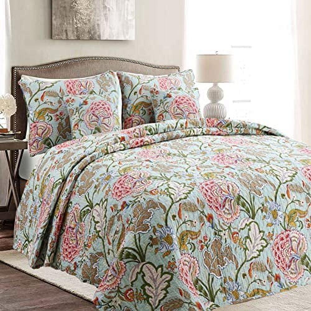 Cozy Line Aregada Floral Cotton 3-piece Reversible Quilt Bedding Set King French Country, Cottage Green
