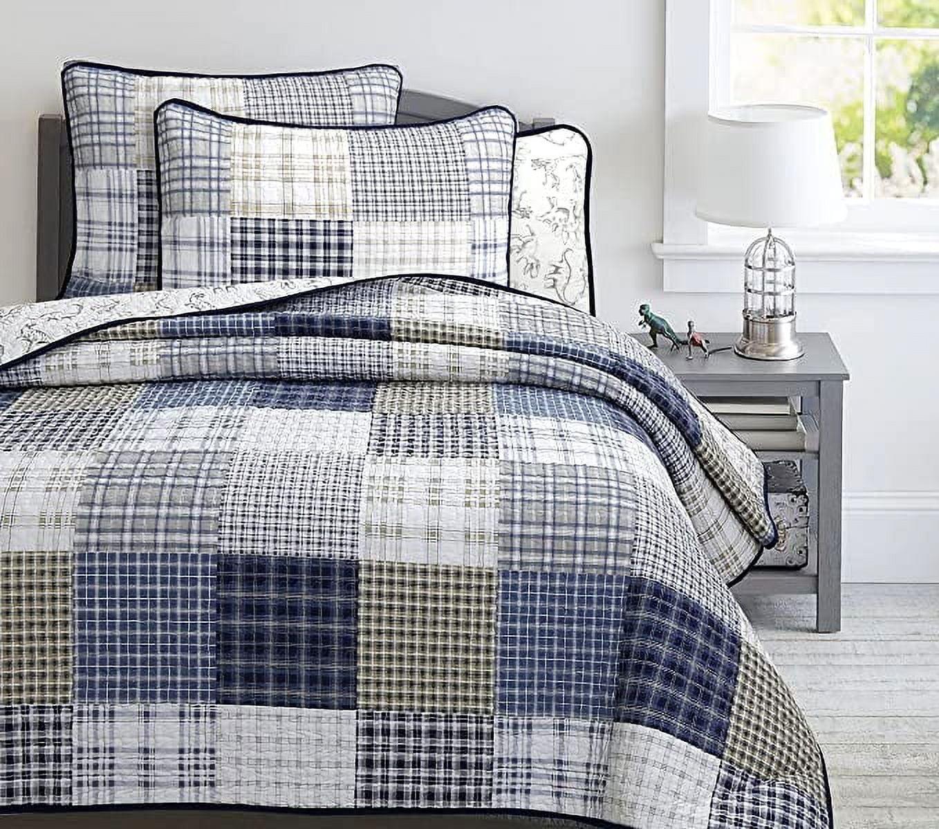 Cozy Line Benjamin Cute Dinosaur Navy Blue White Grey Plaid cotton Quilt, Twin - Reversible