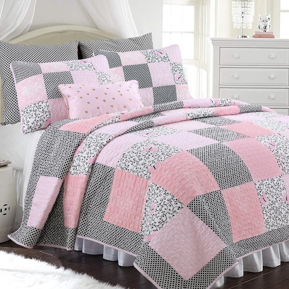 Pink and Black Cotton Twin Reversible Quilt Set