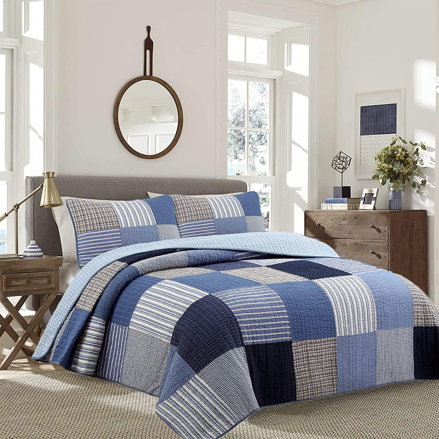 Blue Plaid Patchwork Cotton Twin Reversible Quilt Set