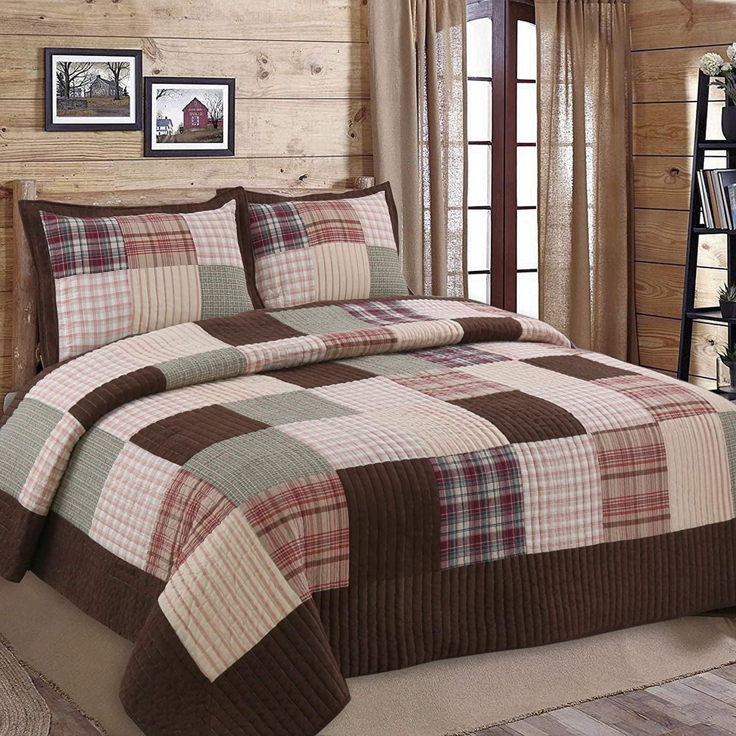 Queen Brown Cotton Reversible Patchwork Quilt Set