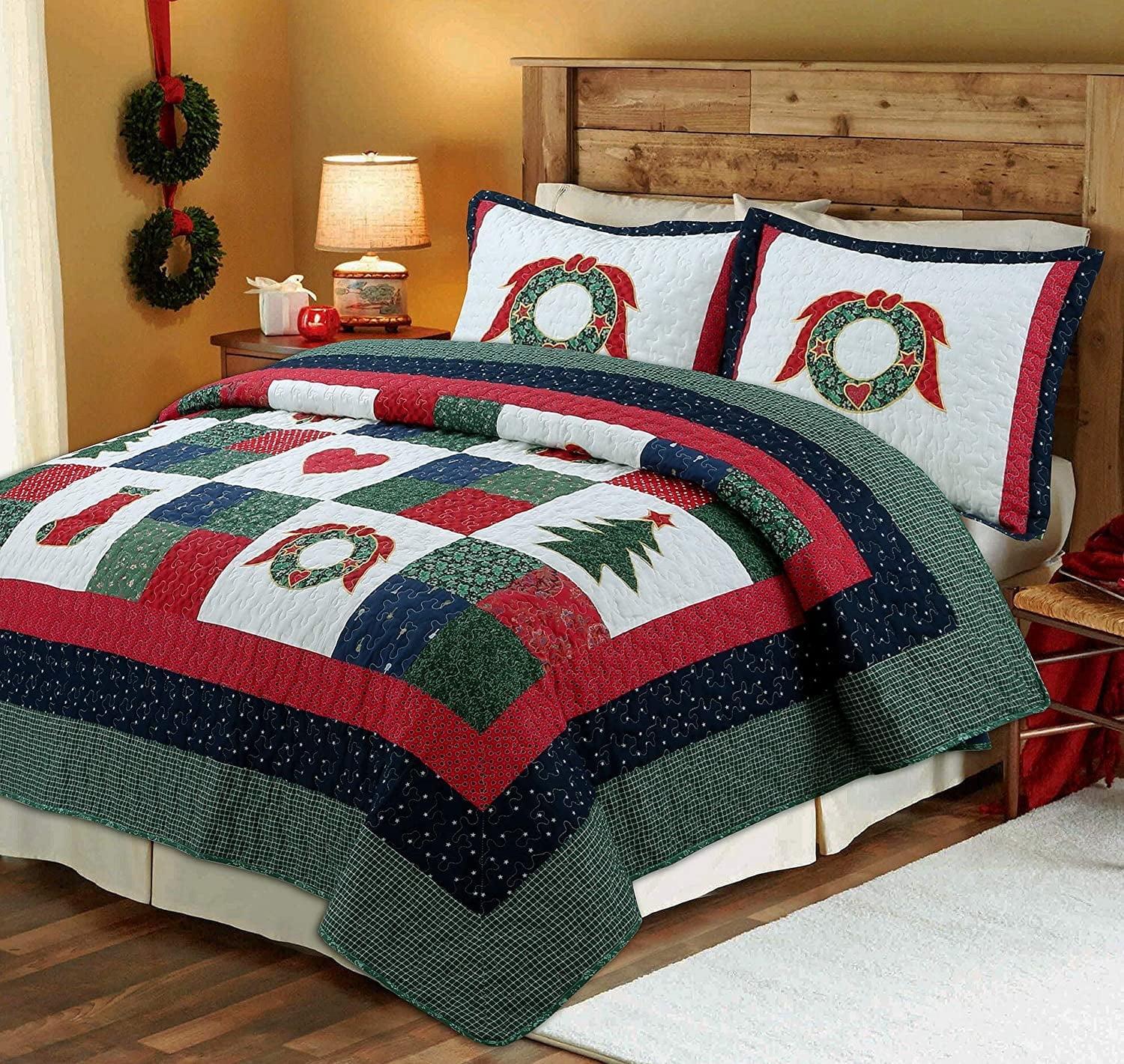 Cozy Line Home Fashion Happy Christmas Christmas Reversible Farmhouse Country Quilt Set