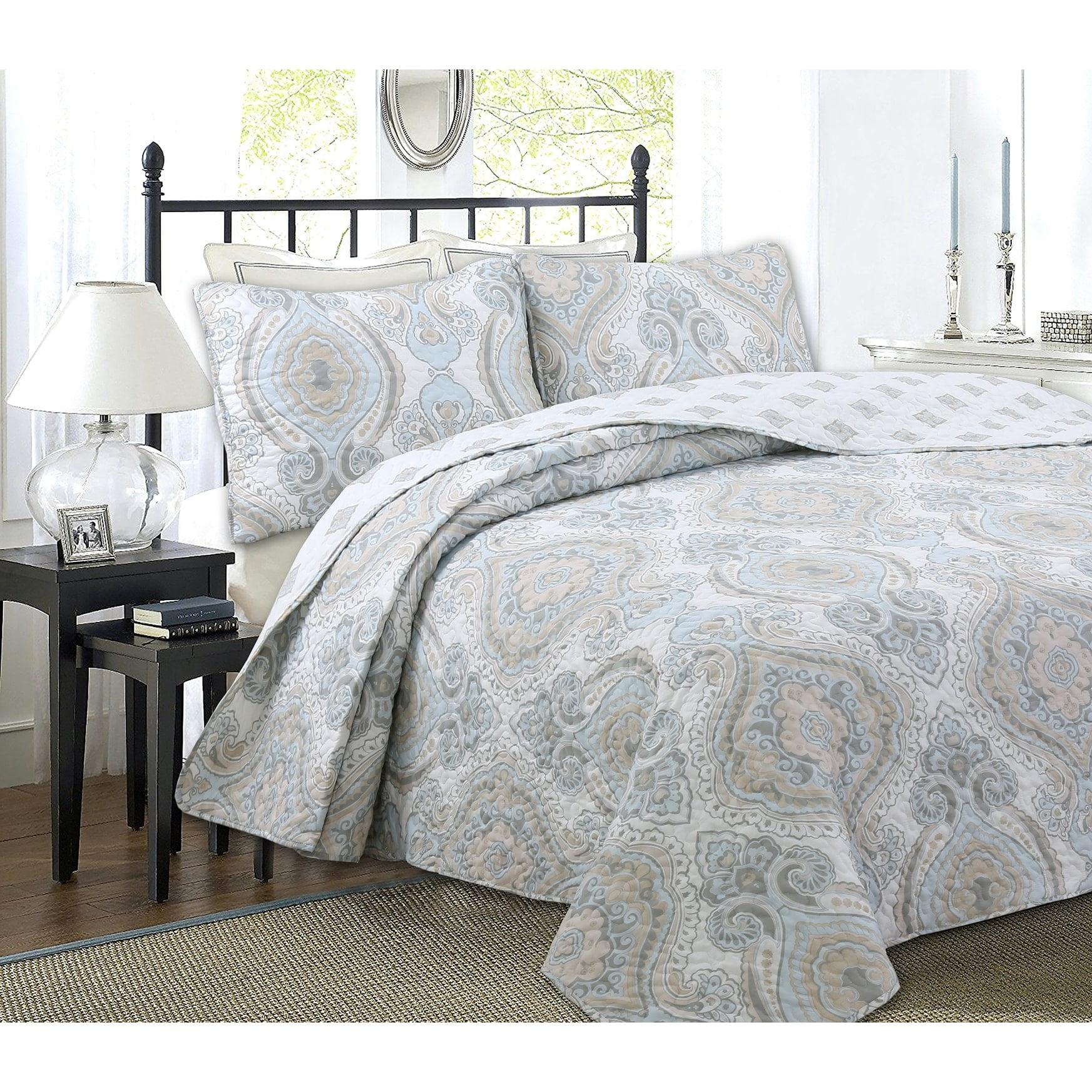 Cozy Line Home Fashion Modern Medallion Sky Blue Tan Gray Brocade Geometric Shapes Quilt Set