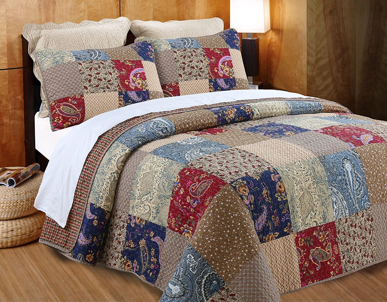 King Size Red and Navy Cotton Reversible Patchwork Quilt Set