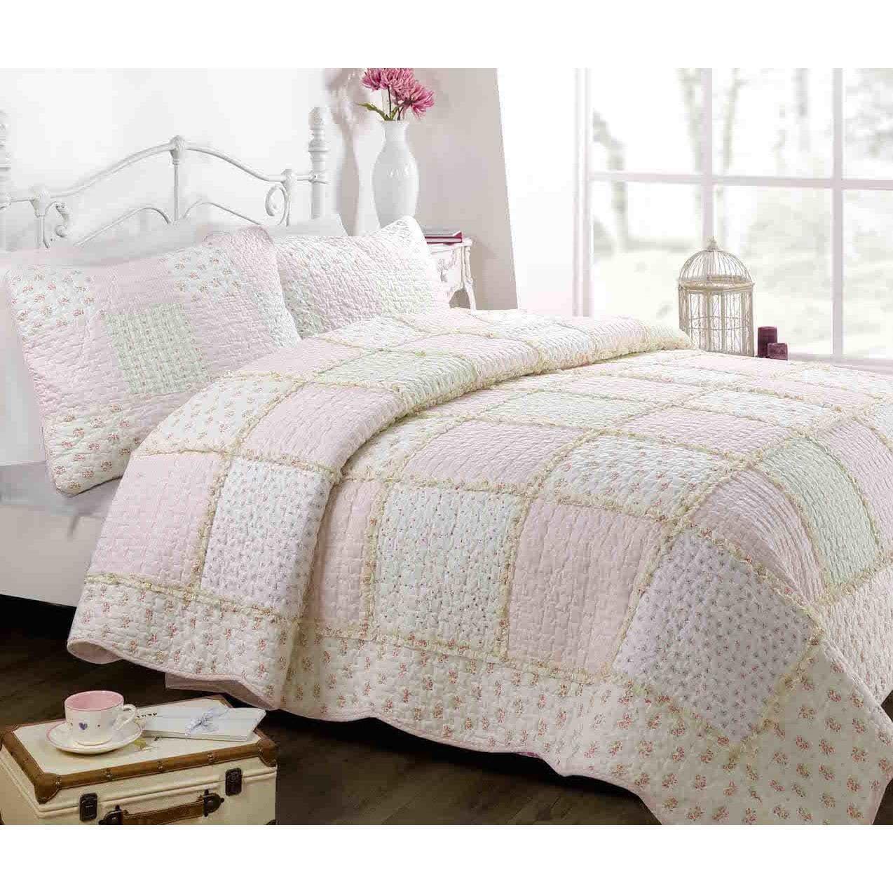 Light Pink Cotton Floral Patchwork Reversible Twin Quilt Set