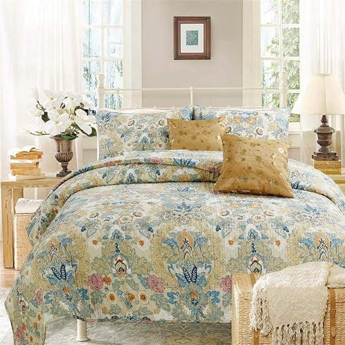 King Blue and Beige Cotton Reversible Quilt Set