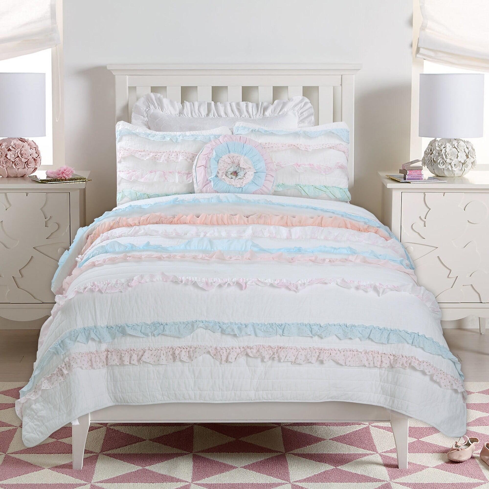 Pink and White Ruffle Reversible Cotton Twin Quilt Set