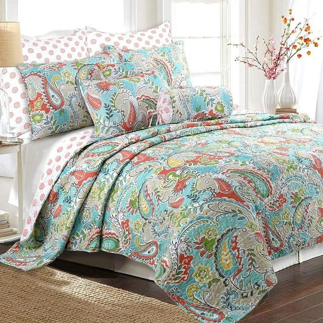 Cozy Line Home Fashion Mirage Teal/Coral/Green Microfiber Reversible 3 Piece Quilt Set & Reviews | Wayfair