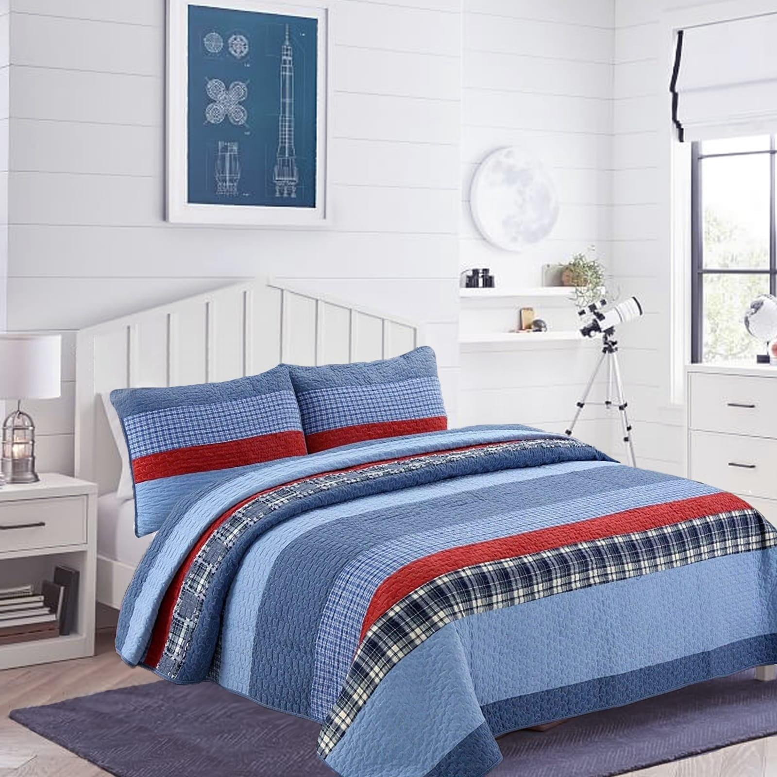 Navy and Red Cotton Reversible Queen Quilt Set