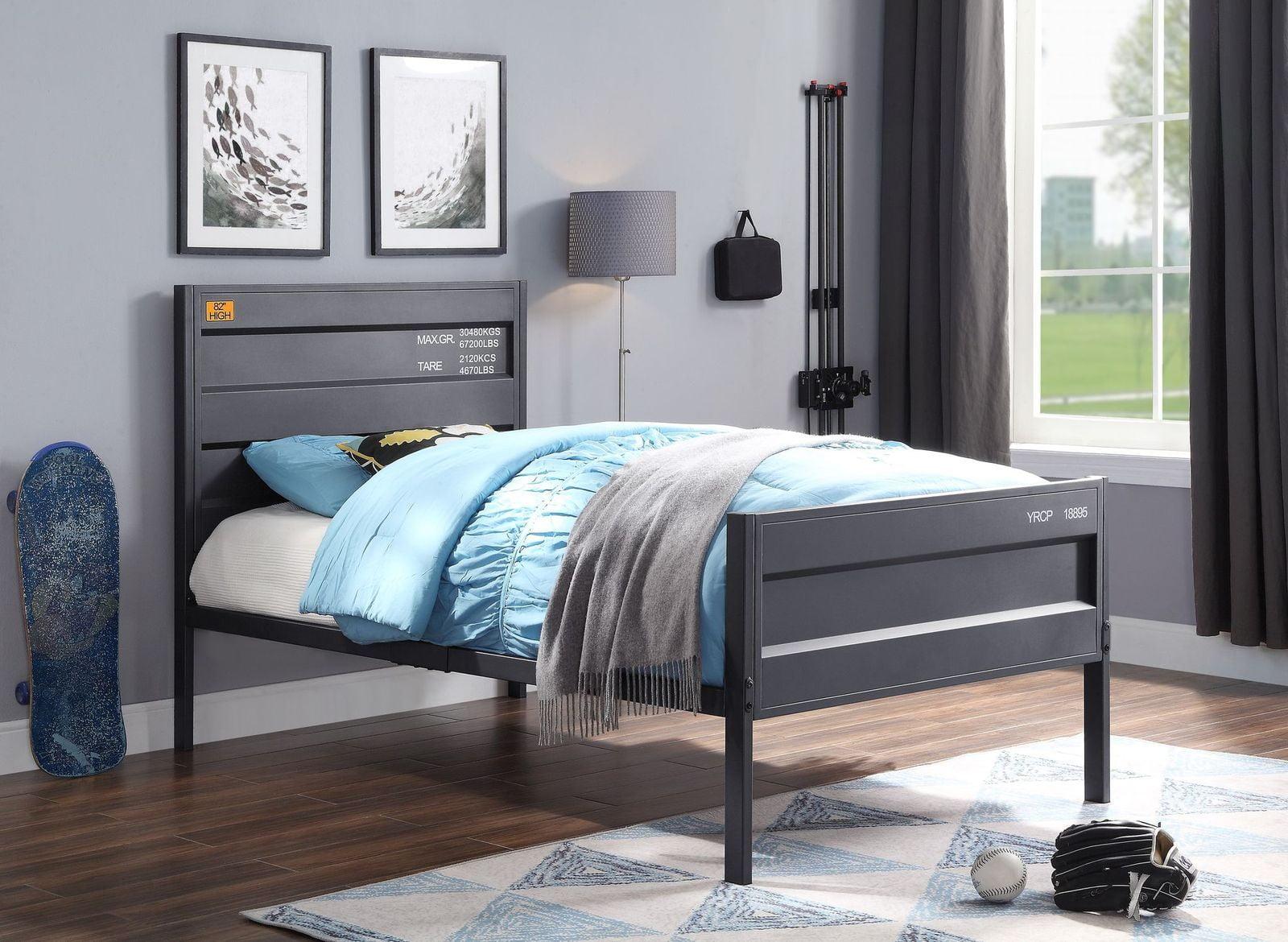 Gunmetal Twin Platform Bed with Wood Headboard and Slats