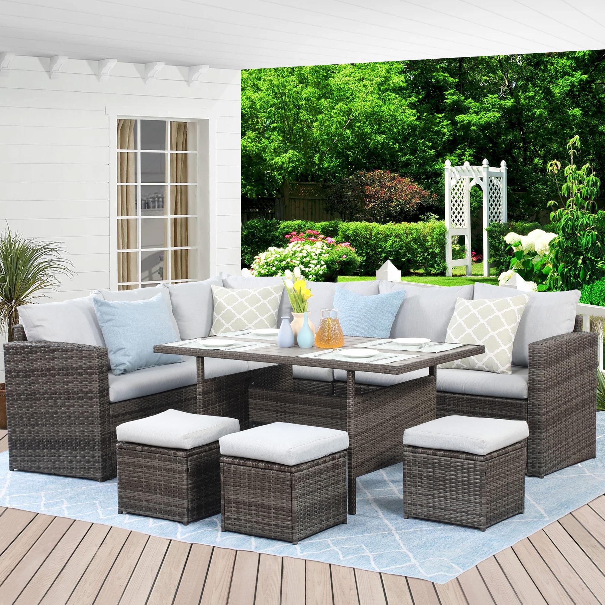 CozyHom 7 Pcs Outdoor Patio Sectional Dining Table Furniture Sofa Sets All Weather PE Wicker Rattan Conversation Set With Ottoman and Cushions, Gray