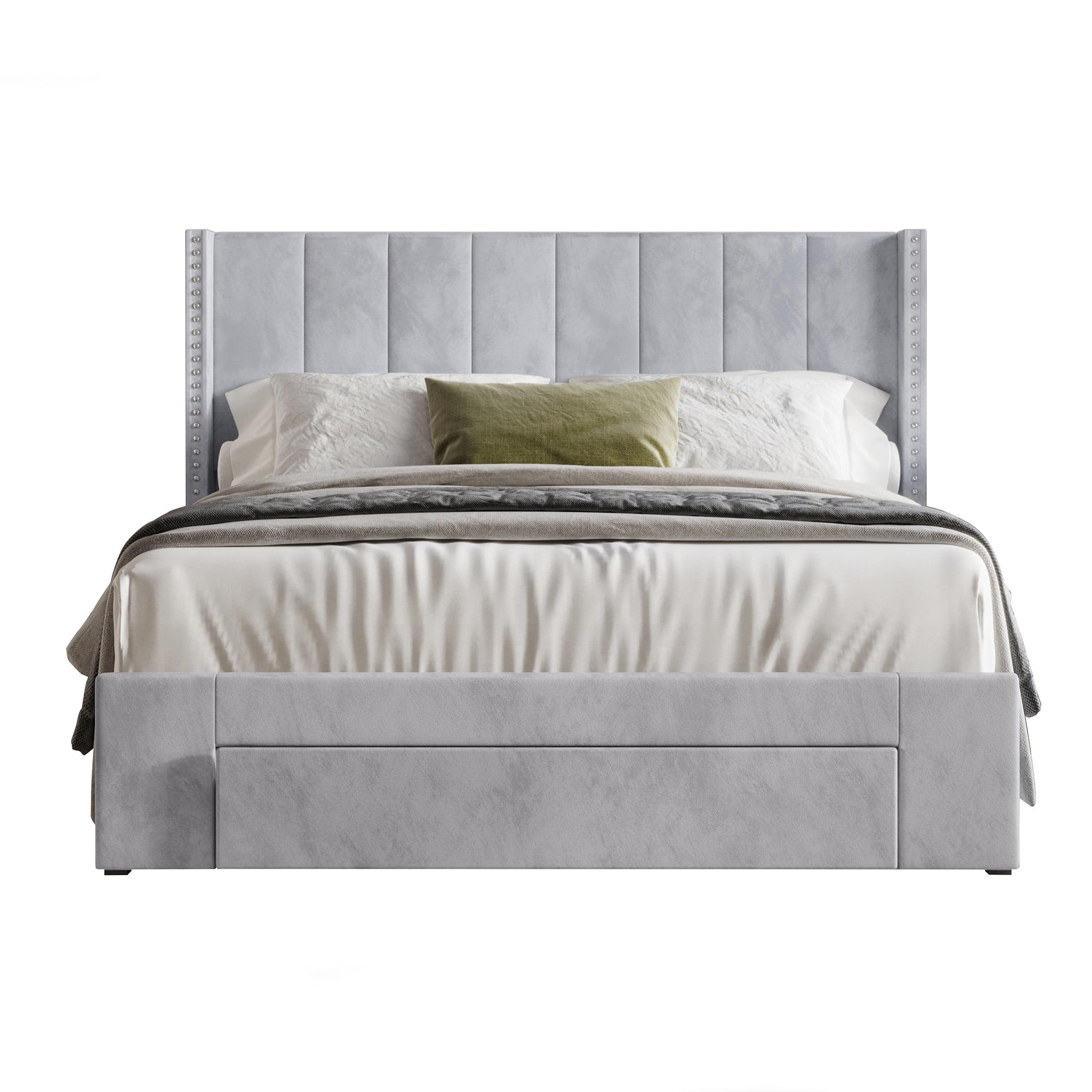 Silver Grey Velvet King Upholstered Storage Bed with Tufted Headboard