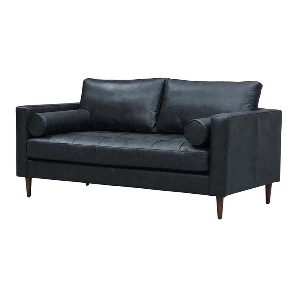 Slate Italian Leather Mid-Century Modern Loveseat with Wood Legs