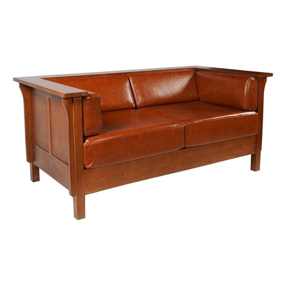 Russet Brown Leather and Oak Arts & Crafts Loveseat