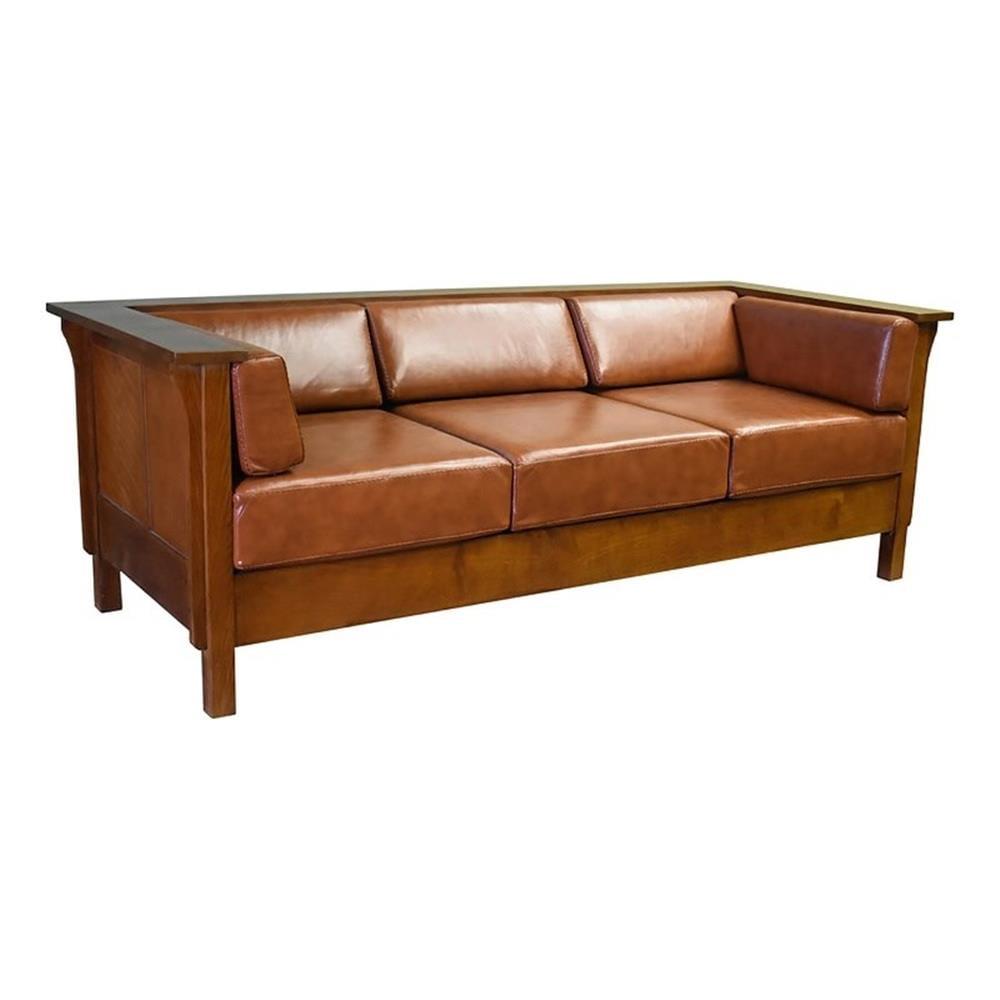 Russet Brown Leather and Oak Arts and Crafts Sofa