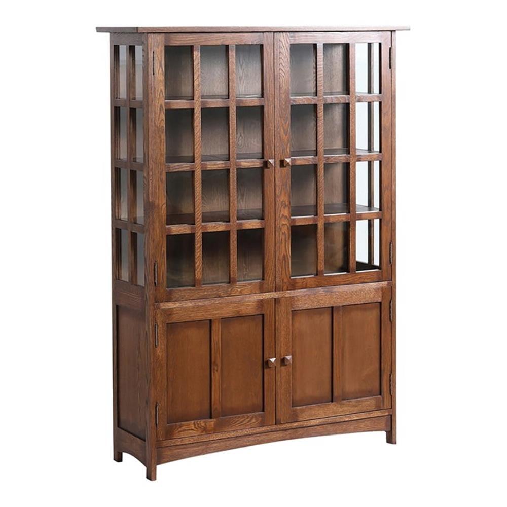 Mission Style Walnut Oak Lighted China Cabinet with Glass Doors