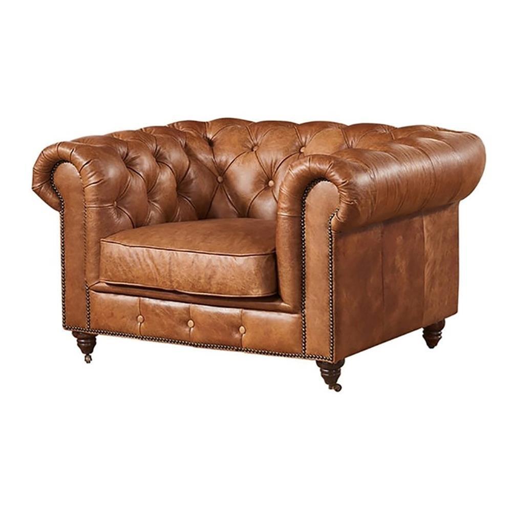 Light Chestnut Leather Chesterfield Armchair with Wood Legs