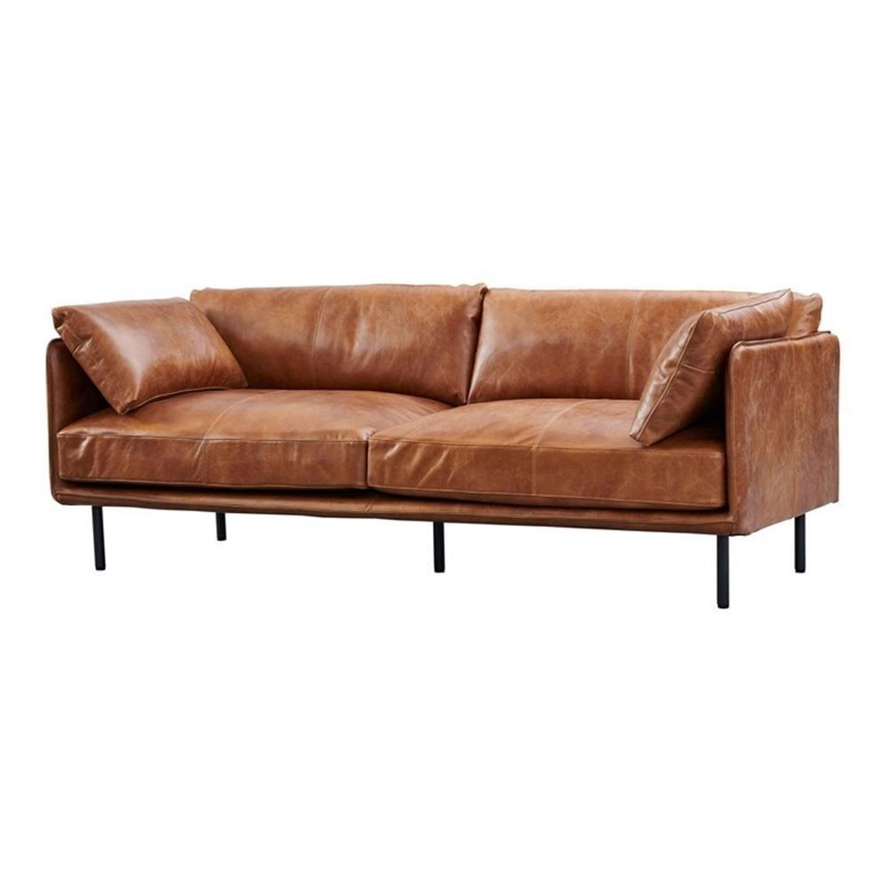 Light Brown Leather Mid-Century Modern Loveseat with Black Iron Legs