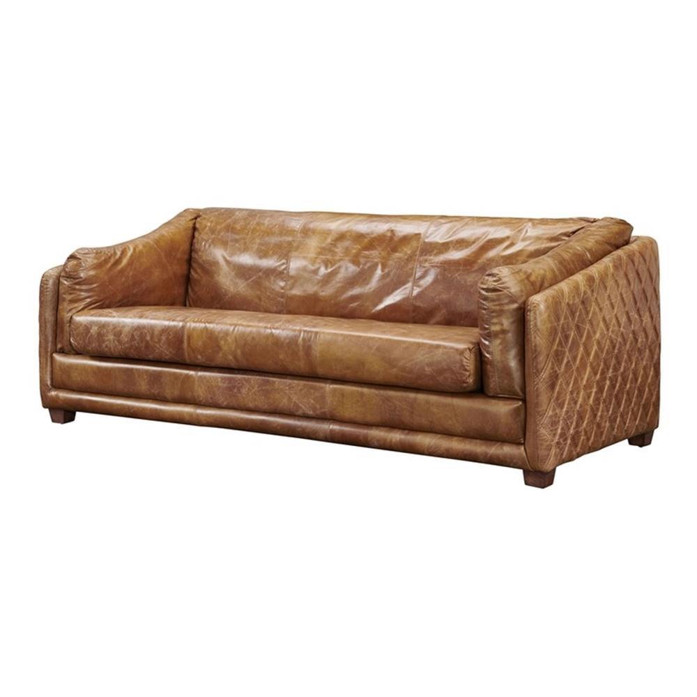 Waco Light Brown Genuine Leather Tuxedo Arm Sofa