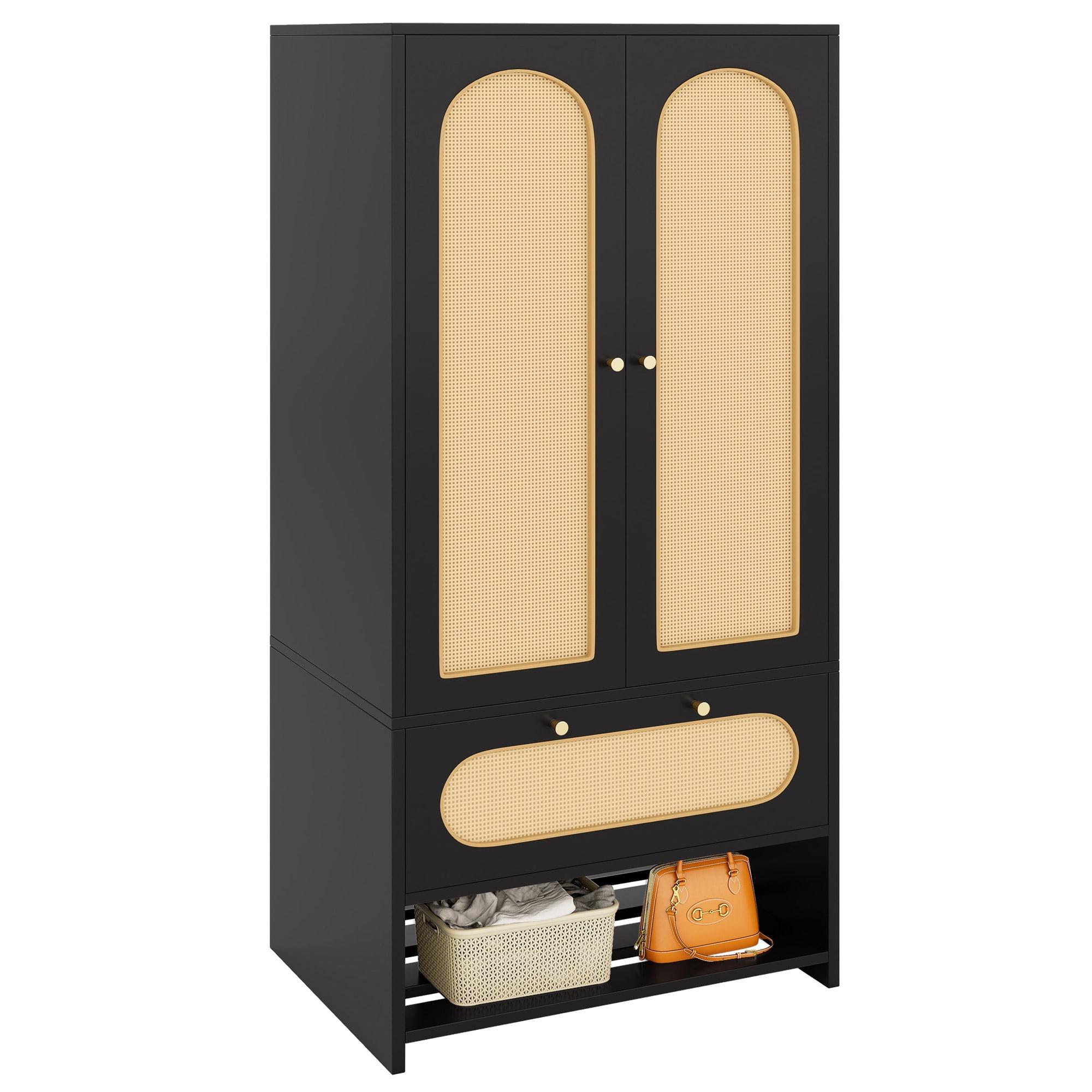 Bay Isle Home™ Modern Rattan Armoire Closet with Doors, Drawer, and Hanging Rod