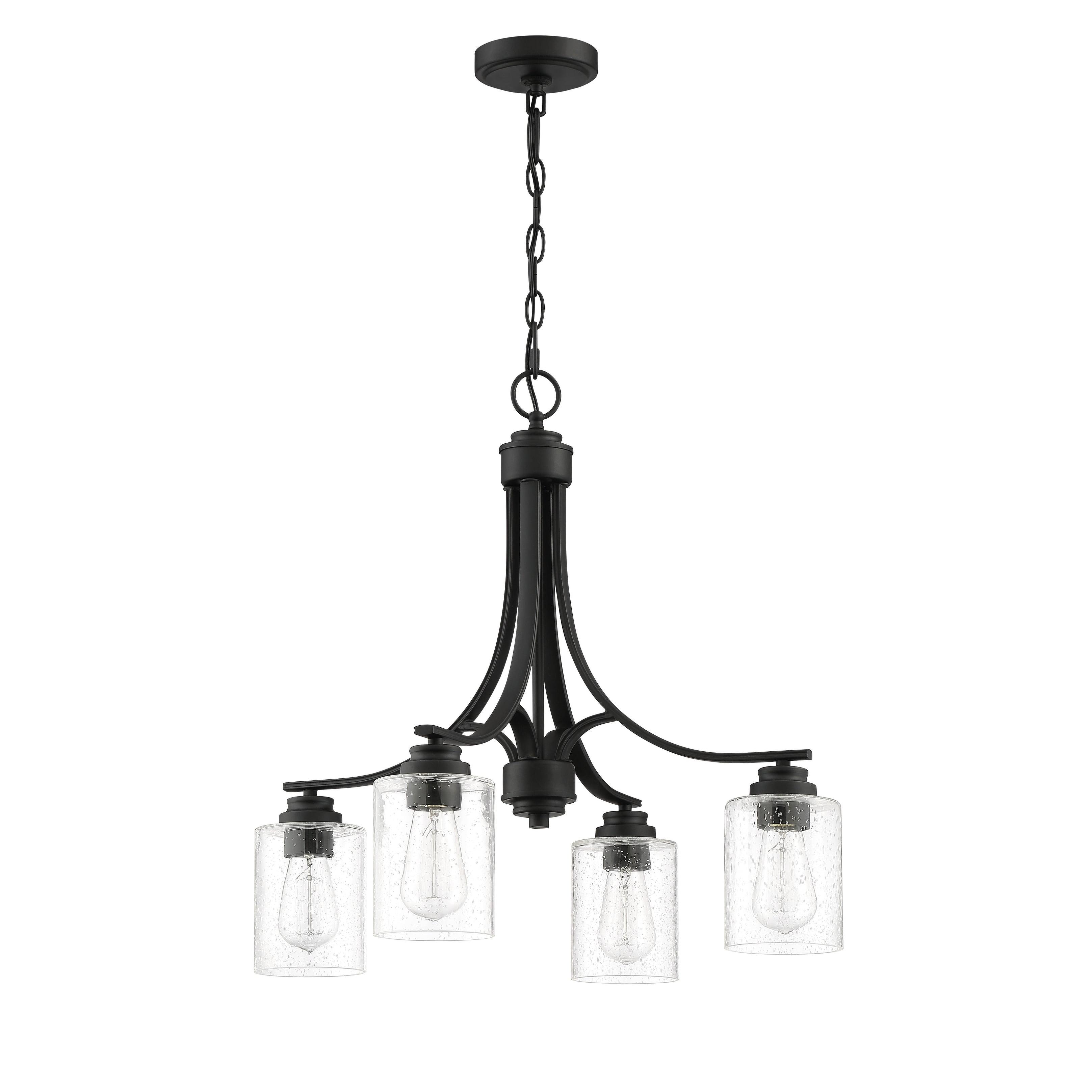 Flat Black and Clear Seeded Glass 4-Light Chandelier