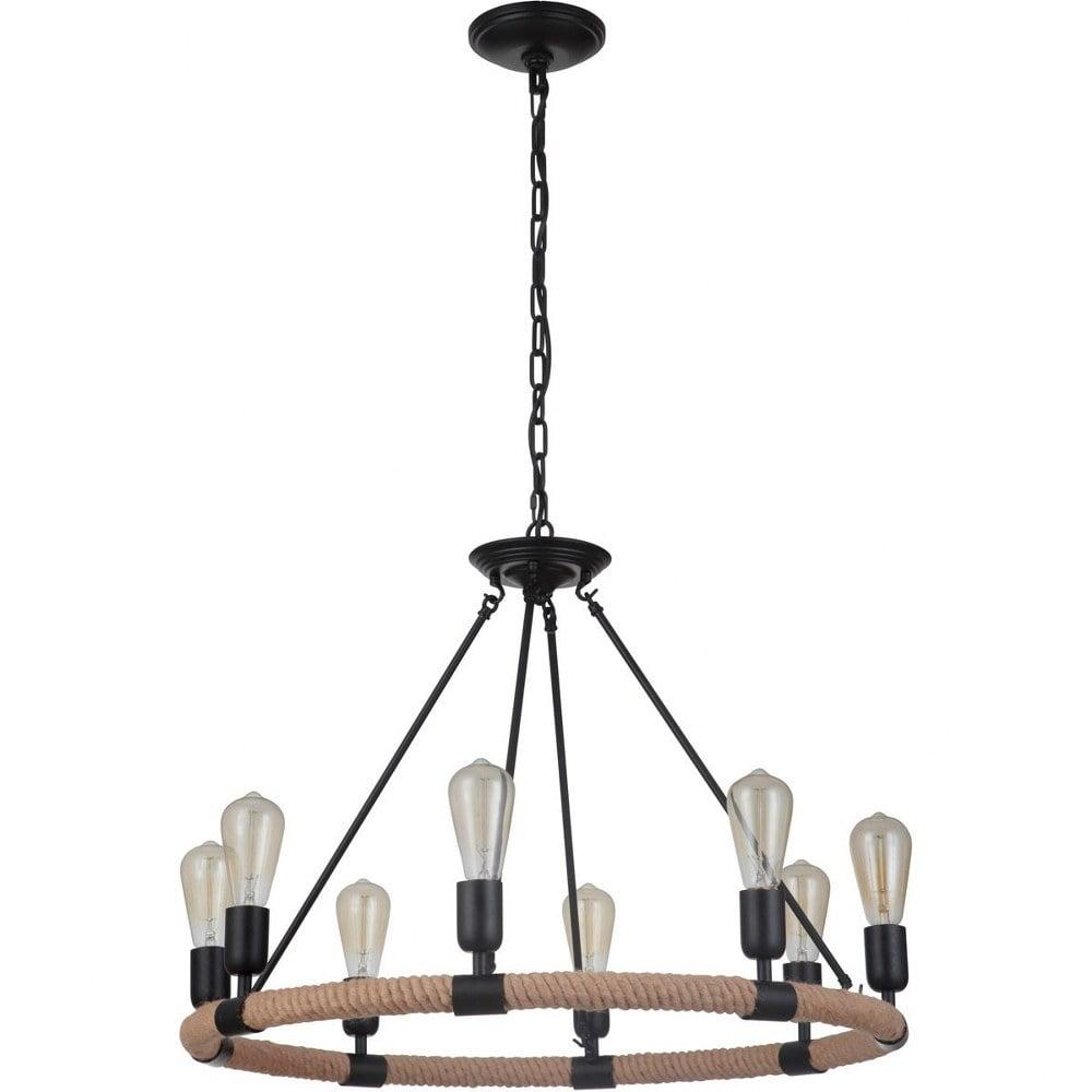 Flat Black and Rope 24" Wide 6-Light Candle Chandelier