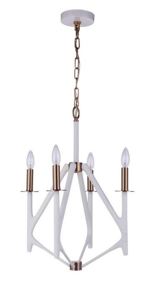 Matte White and Satin Brass 4-Light Candle Chandelier