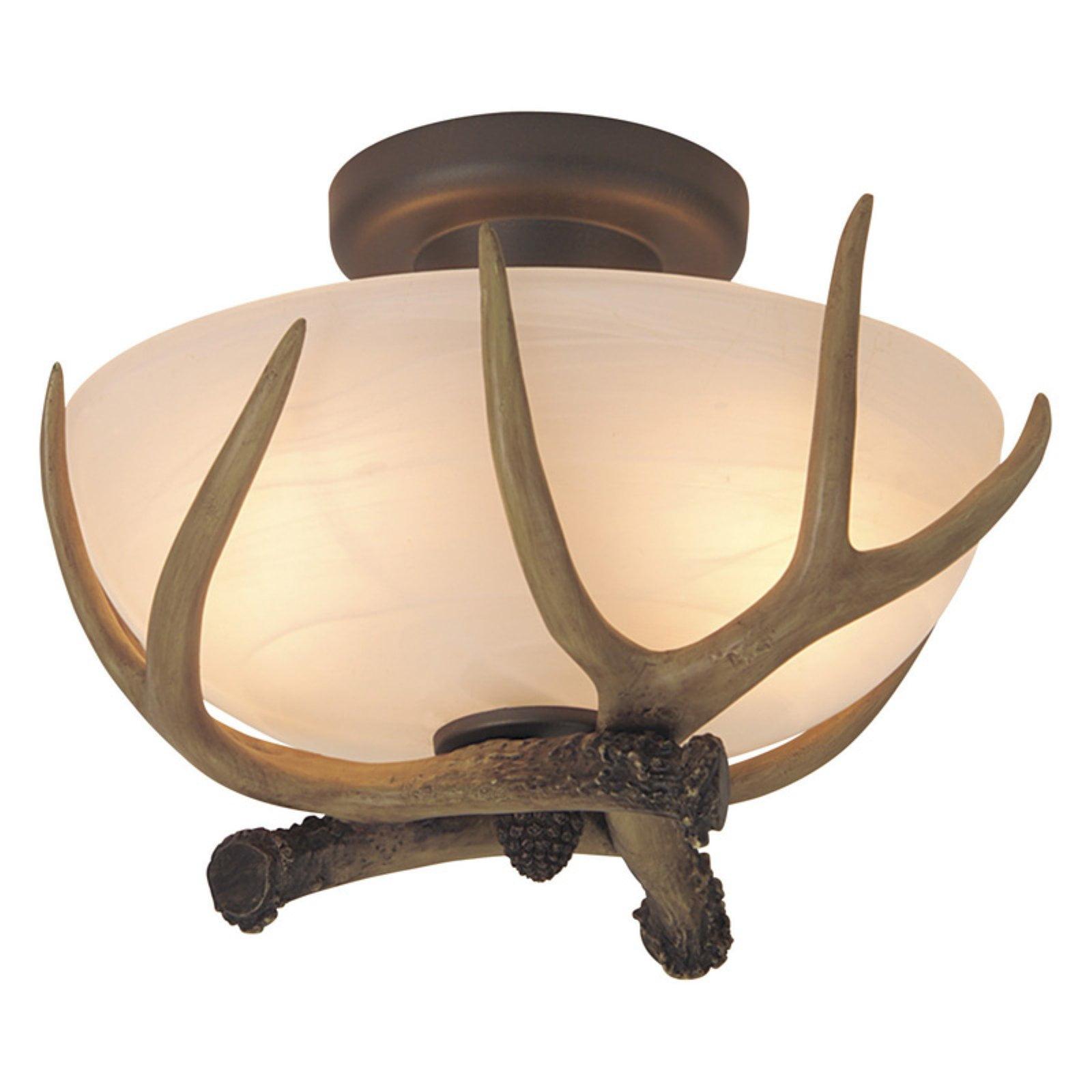 Rustic Bronze Antler Semi-Flush Mount Light with Alabaster Glass