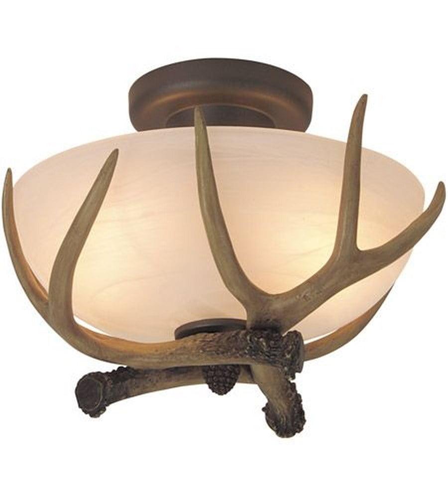 Rustic Bronze Antler Semi-Flush Mount Light with Alabaster Glass