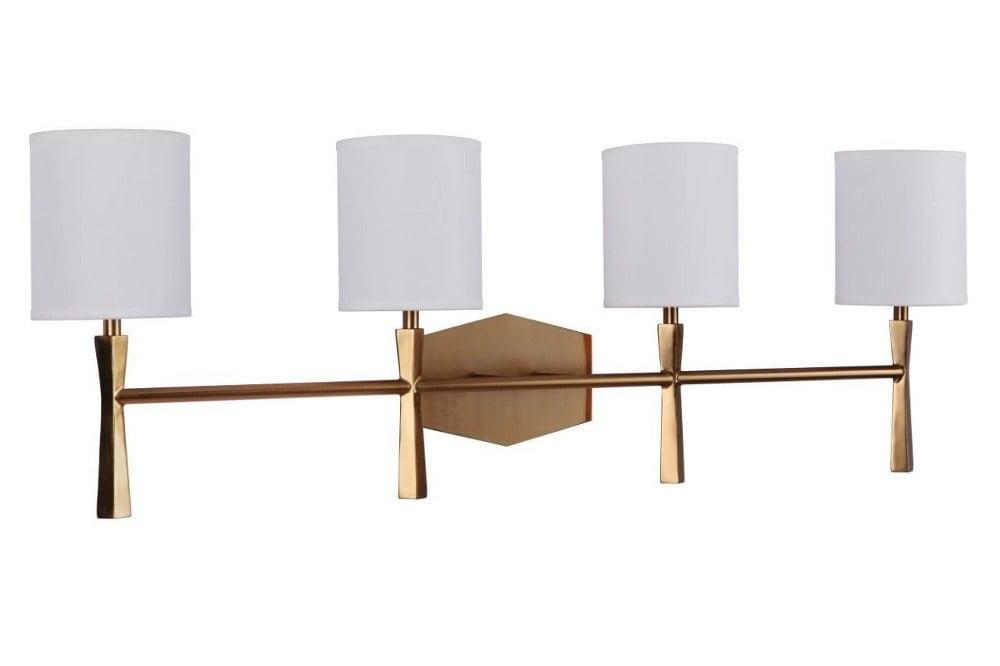 Satin Brass 4-Light Vanity with White Linen Shades