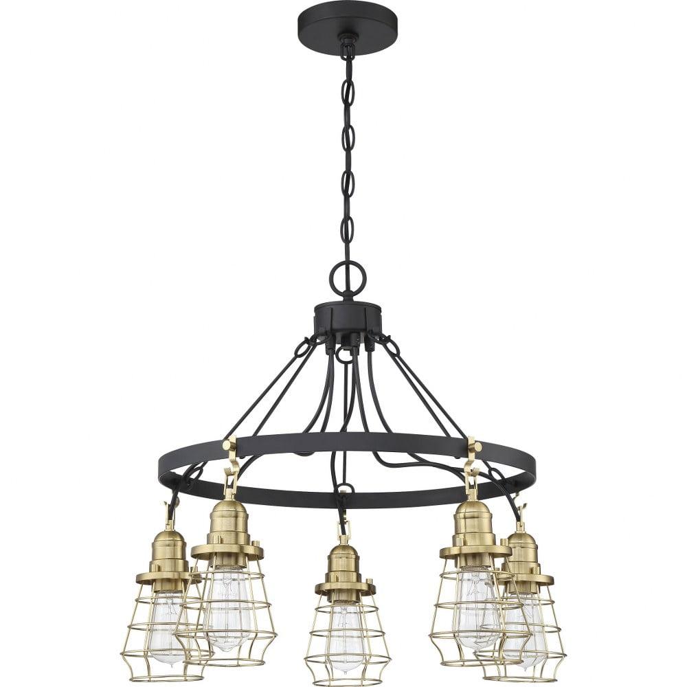 Flat Black and Satin Brass Cage Chandelier with 5 Lights