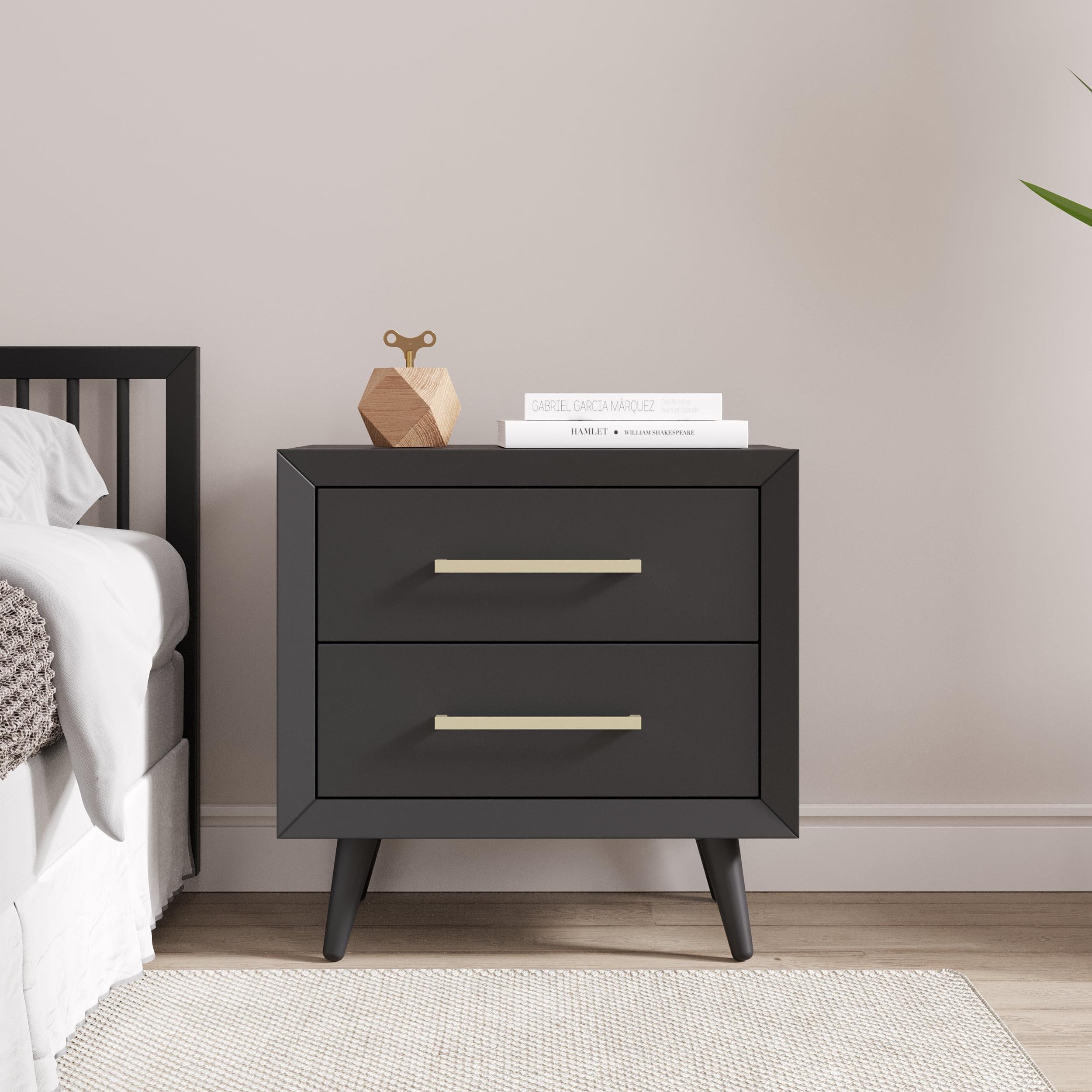 Ebony Pine Wood 2-Drawer Mid-Century Modern Nightstand